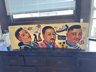 VINTAGE HAND PAINTED BARBER SHOP SIGN CURVED PLYWOOD 48 X 16 LOS ANGELES