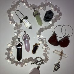 9 x Mixed Crystal Jewelry Bundle - Rose Quartz Tiger's Eye Agates Beaded Necklace Pendants Earrings