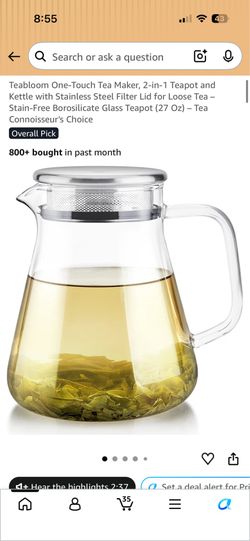 Teabloom One-Touch Tea Maker, 2-in-1 Teapot and Kettle with Stainless Steel Filter Lid for Loose Tea – Stain-Free Borosilicate Glass Teapot (27 Oz) – 