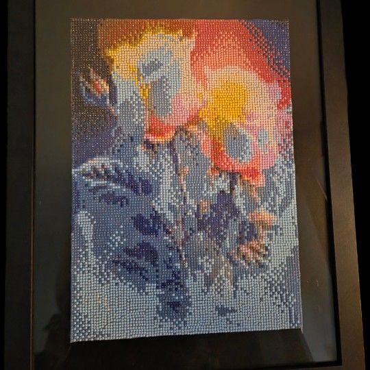 Vibrant abstract floral artwork in red, blue, and yellow
