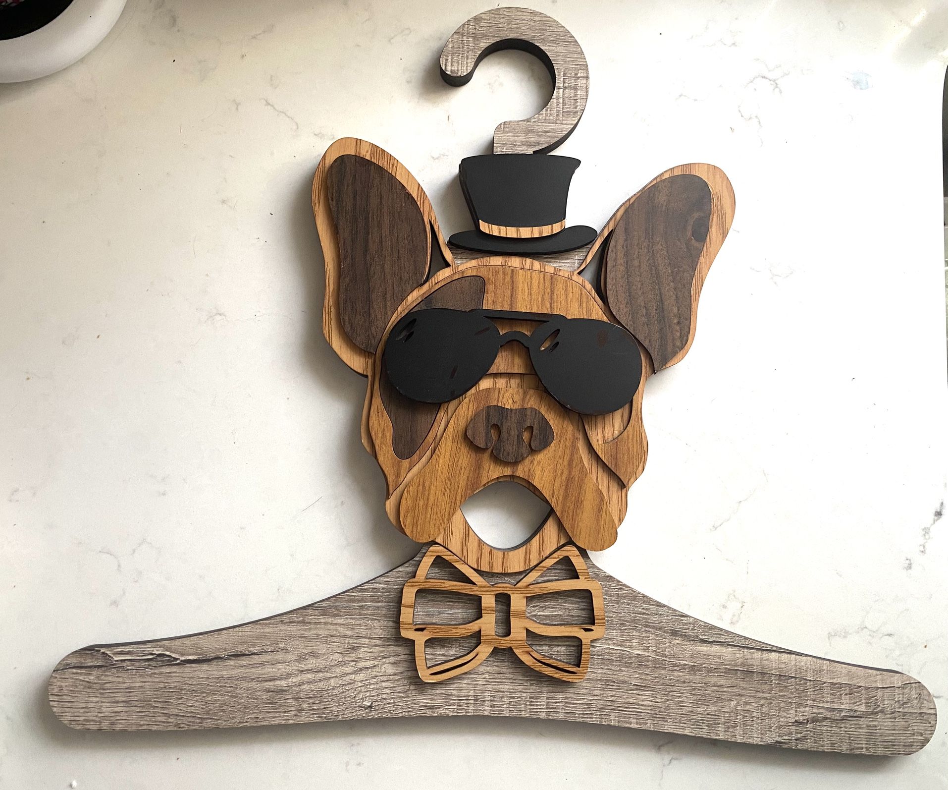 Unique Three-dimensional Wood Decorative Hanger French Bulldog Wearing Sunglasses Top Hat 16” x15”   3D - multi layered thick 