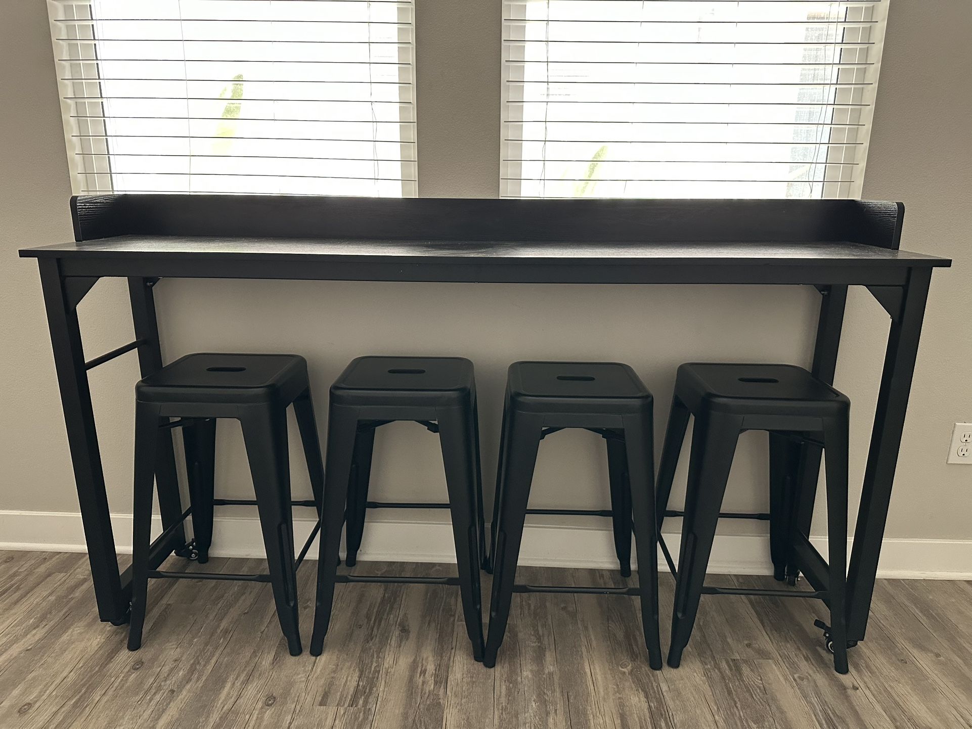 Bar-Height Console Table + 4 Metal Stools