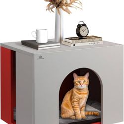Cat Box Enclosure Aluminum Pet Side Table Litter Cabinet for Living Room, Bedroom and Hallway, Cat Stylish Hidden Shelter, Grey Door