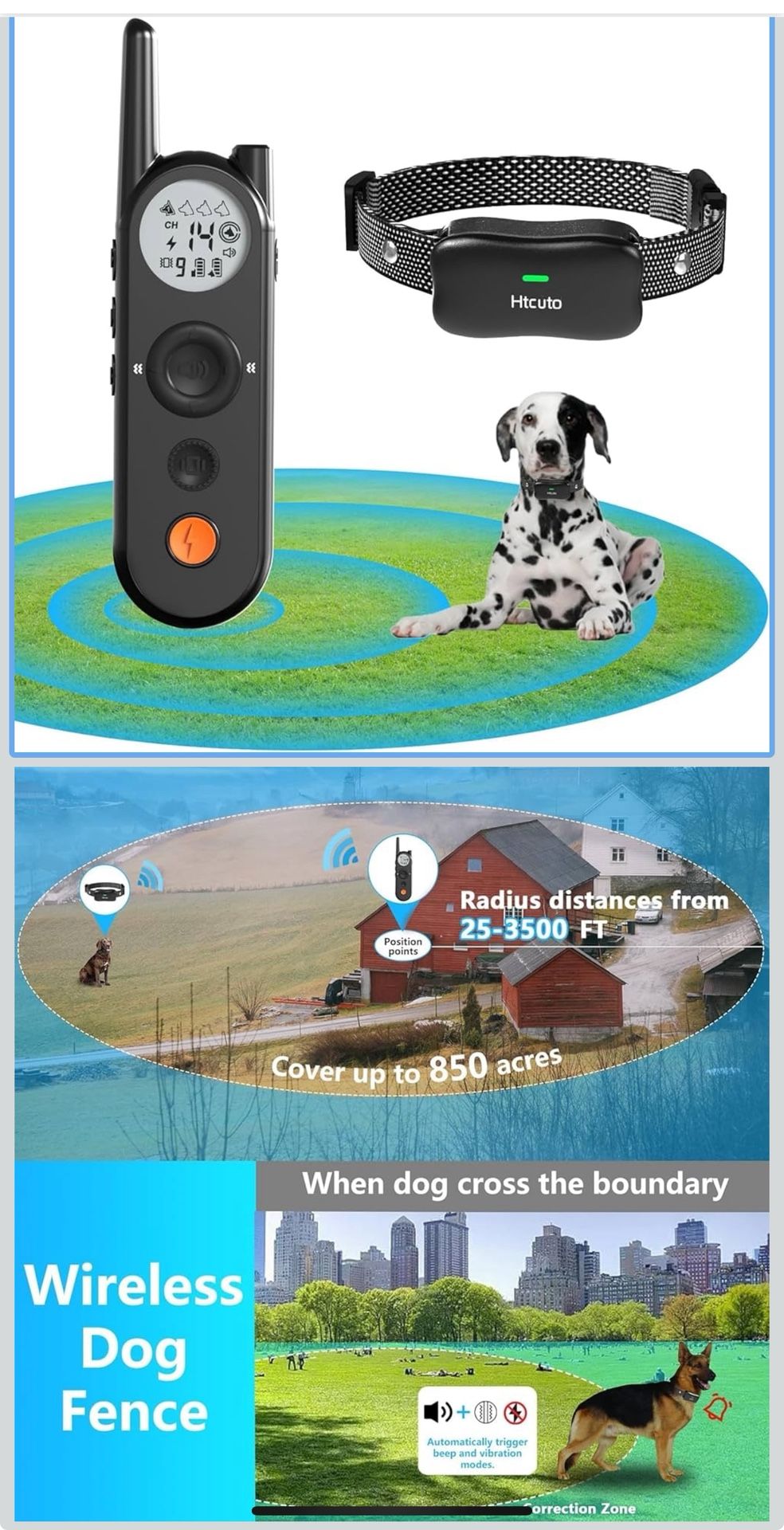 Wireless Dog Fence 3500FT Fence and 6100FT Remote Training Collar, 185 Days Rechargeable Battery - IPX7 Waterproof Collar, Vibrate/Beep/Shock Modes fo