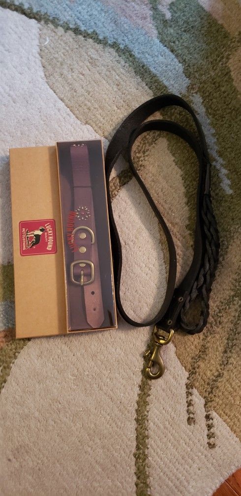 Lucky Brand Leather  Dog Leash And Collar 