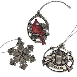 Pewter Silver Christmas Tree Ornaments Drum Cardinal and Snowflake
