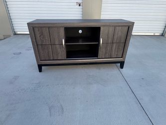 Dark Wood Look TV Stand Media Console with Sliding Doors
