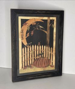 Primitive Fall Framed Art Crows Pumpkin Picket Fence Rustic Halloween Decor