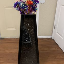 30" Black Floor Vase, Black Crushed Diamond Tall Vases For Floor, Elegant Black Crystal Glass Vase For Pampas Grass Mirrored Decorative Flower Vase Fo
