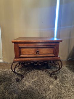 Wood End Table with Iron Base and Drawer