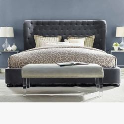 Finley grey velvet tufted nailhead king bed