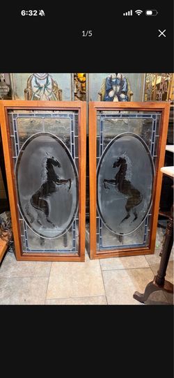 Beautiful Vintage 40 x 19 lead Glass horses panels
