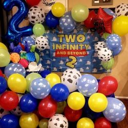 2 Infinity And Beyond Birthday Decor Cake Topper Back Drop Few Ballons And 2 Blue Table Clothes