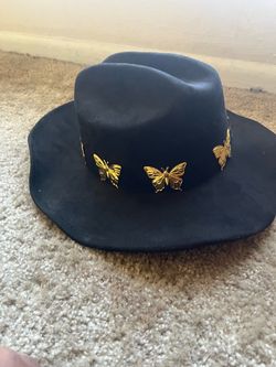 Black Wide Brim Hat with Gold Butterfly Trim