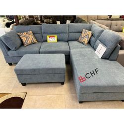Fabric Sectional Sofa with Right Facing Chaise, Storage Ottoman, and 2 Accent Pillows