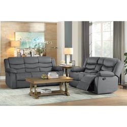 Brand New Gray Linen Manual Reclining Sofa + Loveseat With Cup Holders 2PCs Set