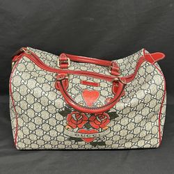 Gucci Boston Joy Tattoo Print Red w/ Blue GG Plus Handbag Bag Purse 189895
