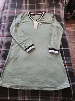 Green Long Sleeve T-Shirt Dress with Striped Trim