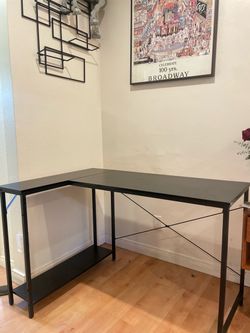 Black L-Shaped Desk with Bottom Shelf