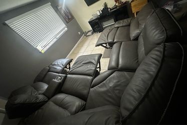 Gray Leather Sectional Recliner Sofa- 6pcs | Sofá Seccional Reclinable de Cuero Gris – 6 Piezas