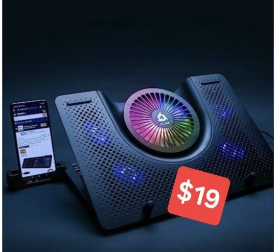 KLIM Nova RGB Laptop Cooling Pad - Gaming Laptop Cooler with Phone Holder - Quiet Laptop Stand with Fan