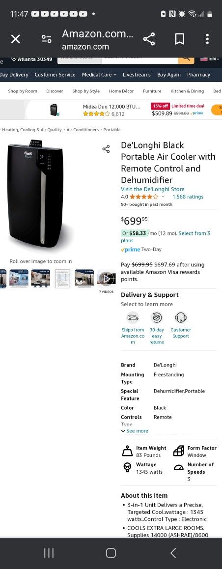 De'Longhi Black Portable AC Units, With Remote, And Dehumidifier