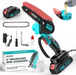 Brushless Mini Chainsaw 6 Inch Cordless Electric Battery Powered Small Hand Saw with Auto Oiler Handheld Chain Saw for Wood/Tree Trimming