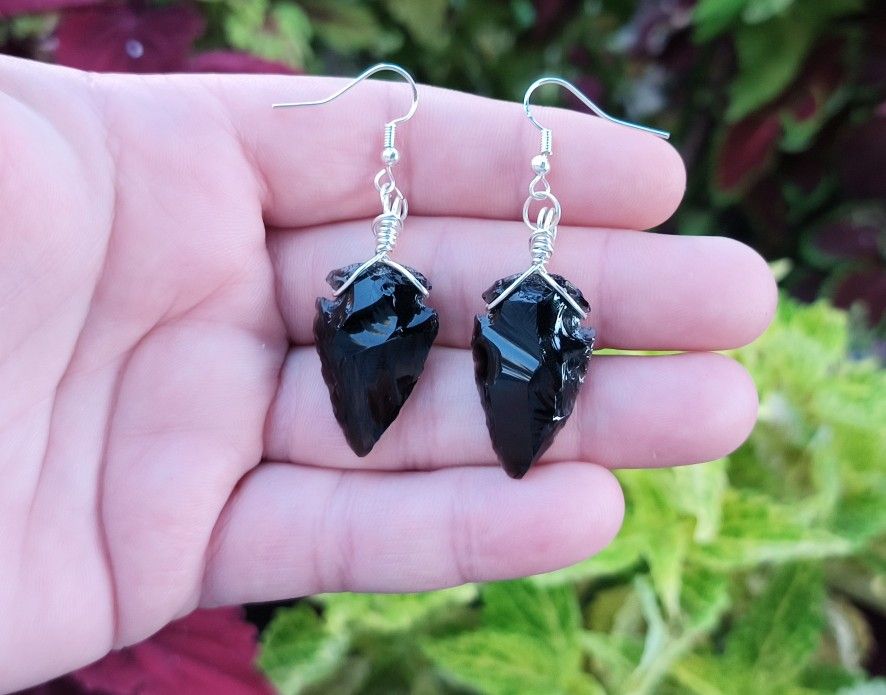 Obsidian Stone Arrowhead Earrings With Silver Plated Hooks
