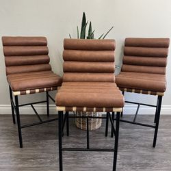 26 in. Brown Faux Leather Upholstered Counter Height Bar Stool Metal Legs Counter Stools w/ Wave Back & Cushion Set of 3