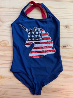Btween Size 7 Swim One Piece - Navy w/Sequence American Flag Unicorn - Like New