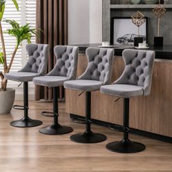 Swivel Velvet Bar Stools Set of 4, Adjustable Height 25-33 Inch, 17.7" Base, Tufted Back Support, Modern Kitchen Island Stools, Gray velvet