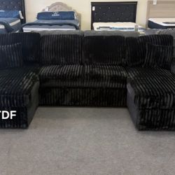 Brand New Black Fur Like Corduroy Sectional Sofa w/Double Chaise (New In Box) 