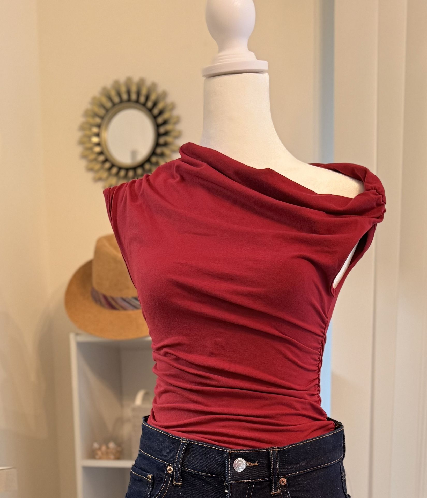 Red sleeveless blouse