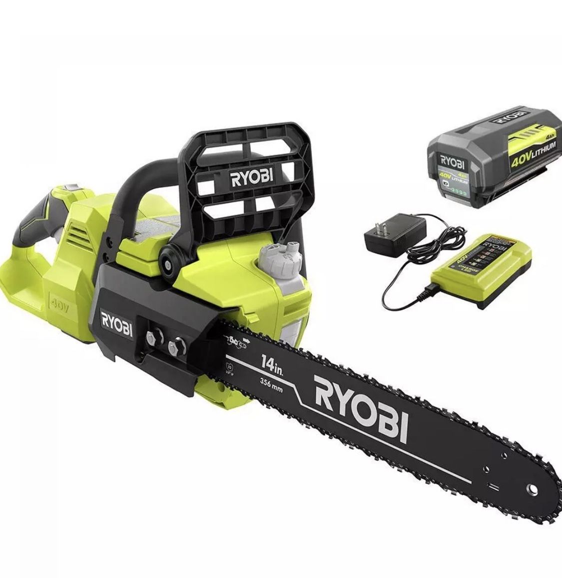 RYOBI Cordless Chainsaw 14 in. 40-Volt Lithium-Ion Battery Charger Brushless