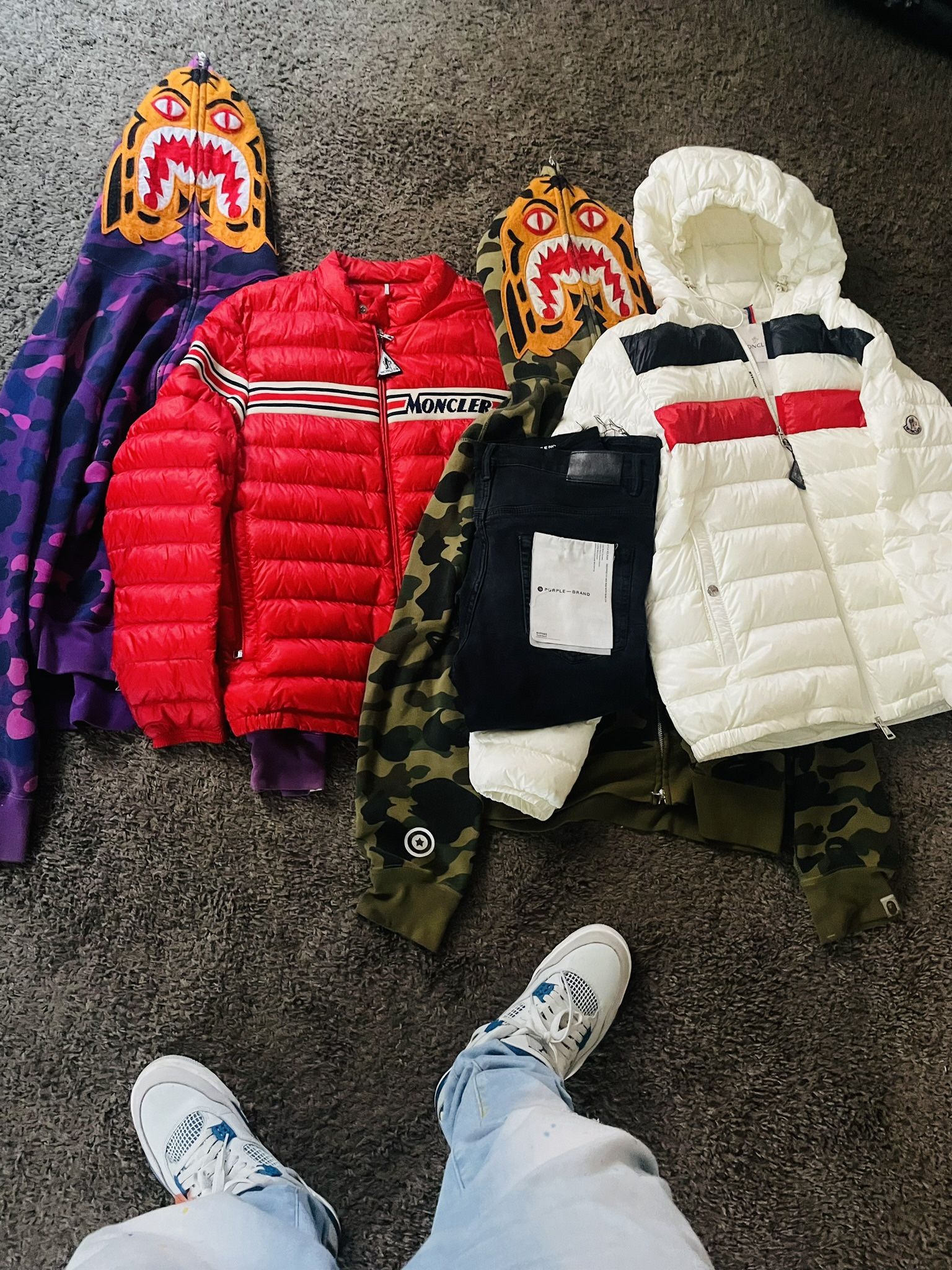 Purple bape, Red moncler, Green bape, White moncler puffer