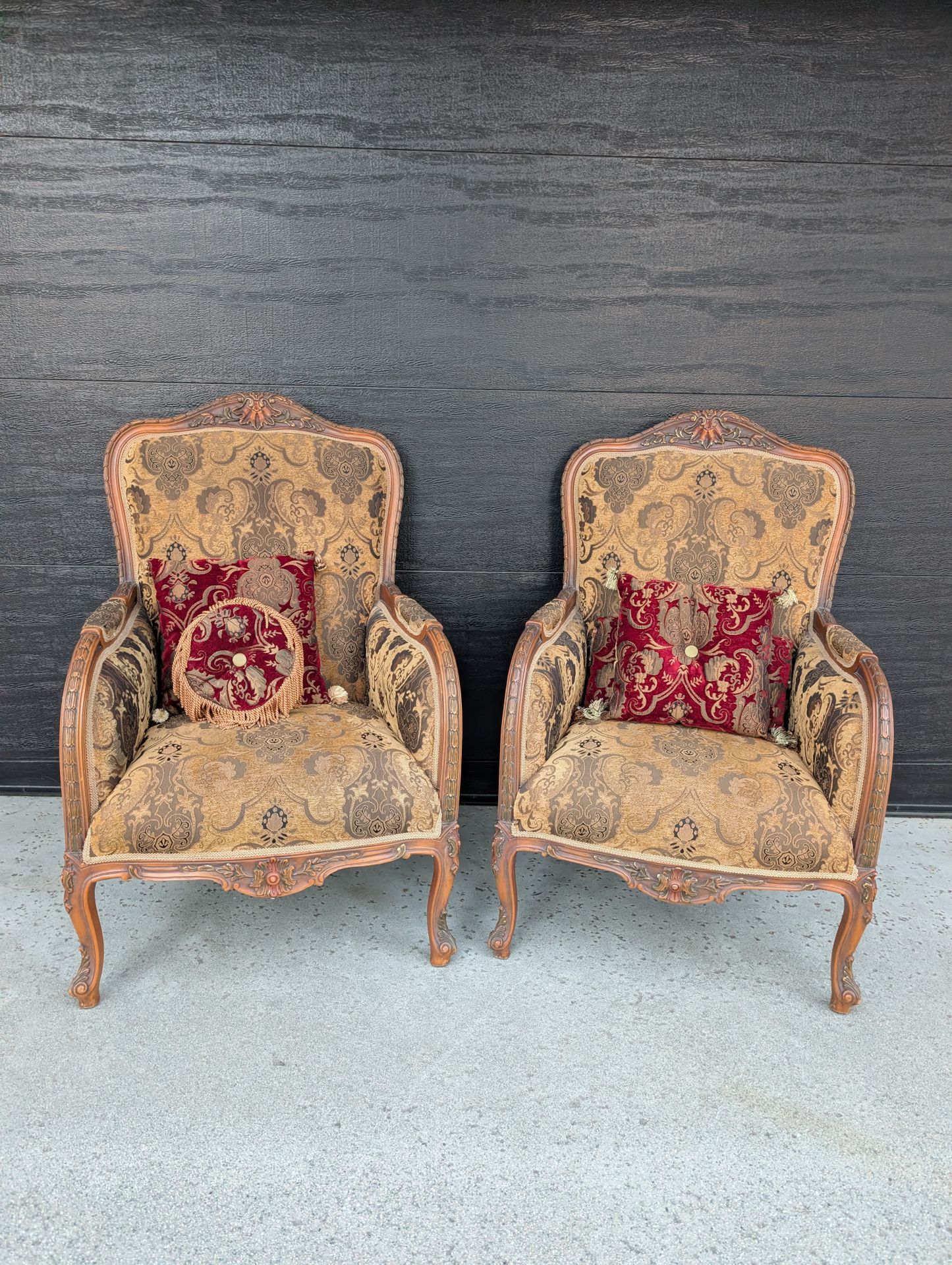 Beautiful Pair of Vintage French Provincial Louis XV–Style Carved Wood Armchairs