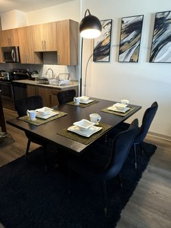 Black Dining Table Set + Rug + Dishes + Placemats + FREE Lamp — $1,500
