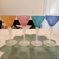 4 Blown Glass with opaque white alabaster stems, 6.5" Cocktail Wine Glasses, good condition 
