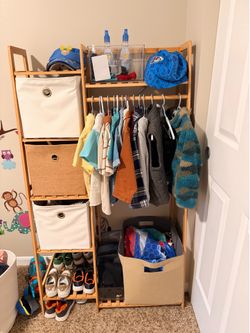 Kids Closet Organizer w/ Bins & Hanging Rack – Wood