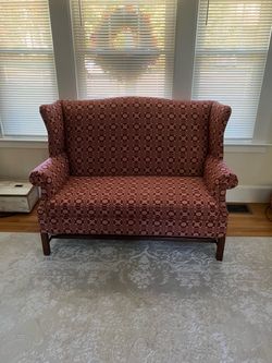 Wingback Settee Loveseat Brick Red Patterned Fabric