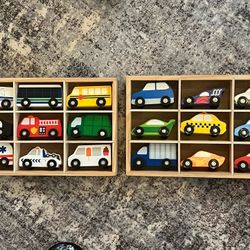 2 Sets of Melissa & Doug Wooden Vehicles Set in Wooden Tray NWOT