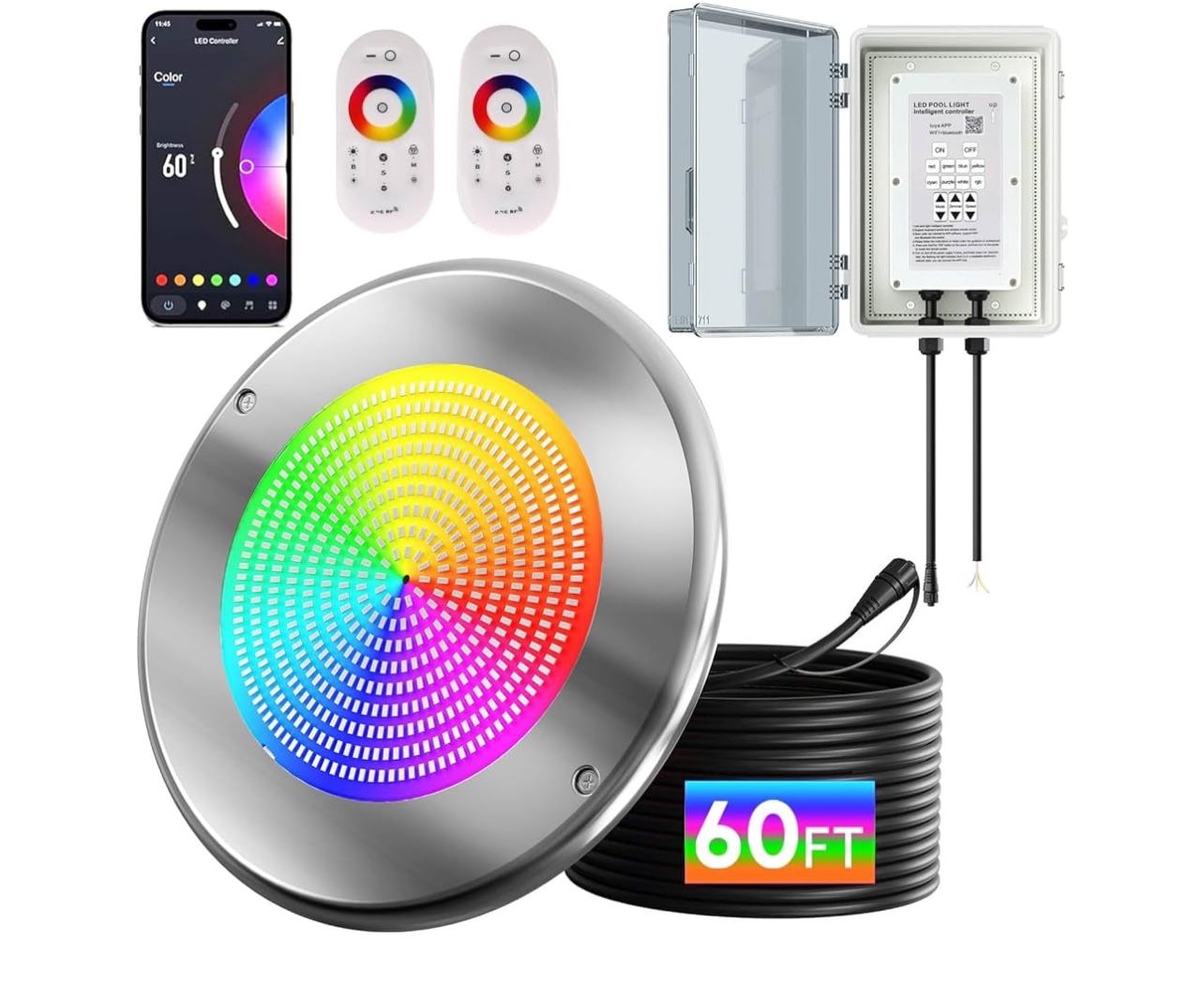 Brand New In The Box- 60W 10 Inch Smart LED Pool Lights for Inground Pool with 3 Way (WiFi Bluetooth APP/Remote/Controller), Multicolor Changing Under