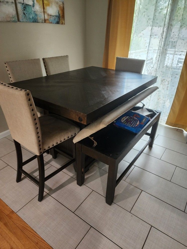Sonoma 6 Piece Espresso & Beige Upholstered Extendable Counter Height Dining Set with Storage Bench