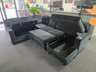 💥 Brand New Dark Gray Oversized U-Shape Sectional Sofa/Couch with Pull-Out Sleeper Bed, Storage, Cup Holders & Charging Ports | Pay After Delivery 🚚
