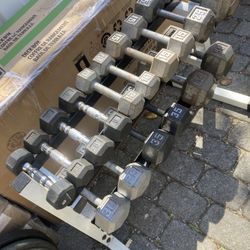 Set Of Used Steel Hex Dumbbells From 5 To 55 Lbs With Two Tier Rack
