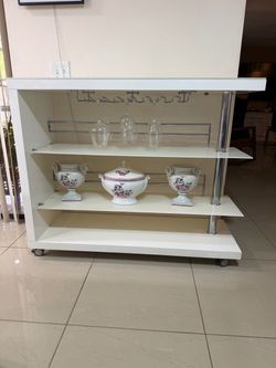 Modern Glass Top Bar Cabinet / Buffet Console with Wine Glass Rack
