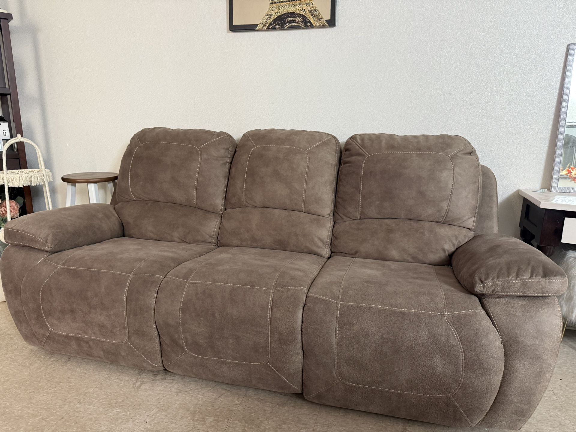Suede Reclining Sofa Couch (92” W x 40” H x 33” D )
