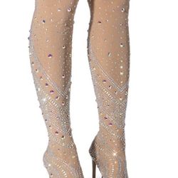 The AZALEA WANG Roxy Rhinestone Thigh High Stiletto Boot In Nude
