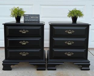(2) Beautiful Black 3-Drawer Solid Wood Night Stands