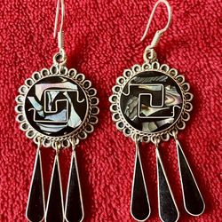 Vintage Taxco TL 77 Sterling Silver Inlay Onyx Abalone Pearl Dangle Earrings ‼️ NEEDS PROPER CLEANING / POLISH - For BEST Appearance ‼️
